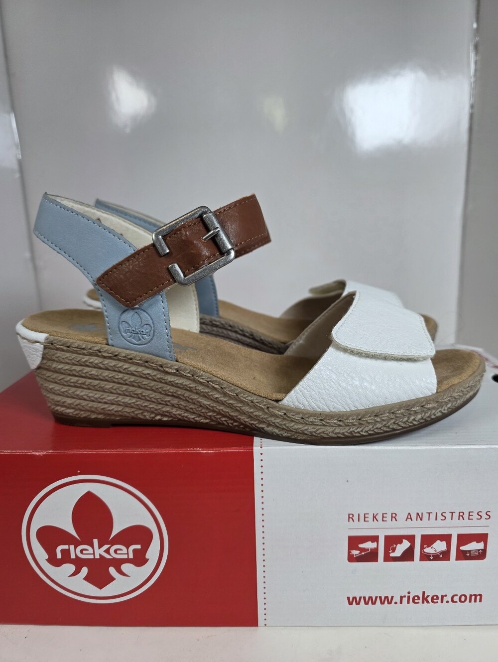 Rieker White Blue and Brown Leather Wedge Sandal with Ankle Buckle